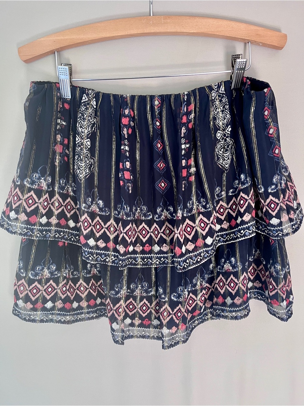 Joie Black Silk Tiered Geometric Pattern Skirt Metallic Thread Boho festival M